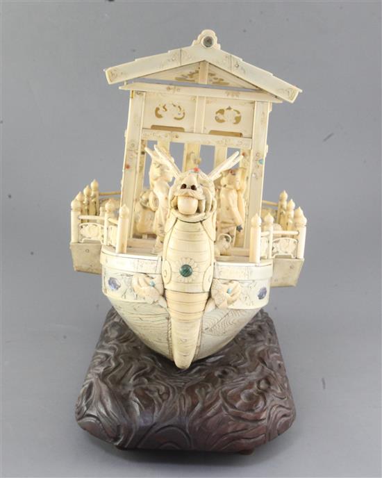 A large Japanese sectional ivory and shibayama style model of a ship, Meiji period, total length 58.5cm